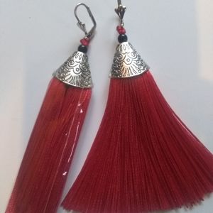 Handmade Tassel Earrings W Antique Silver Cap 3.5"
